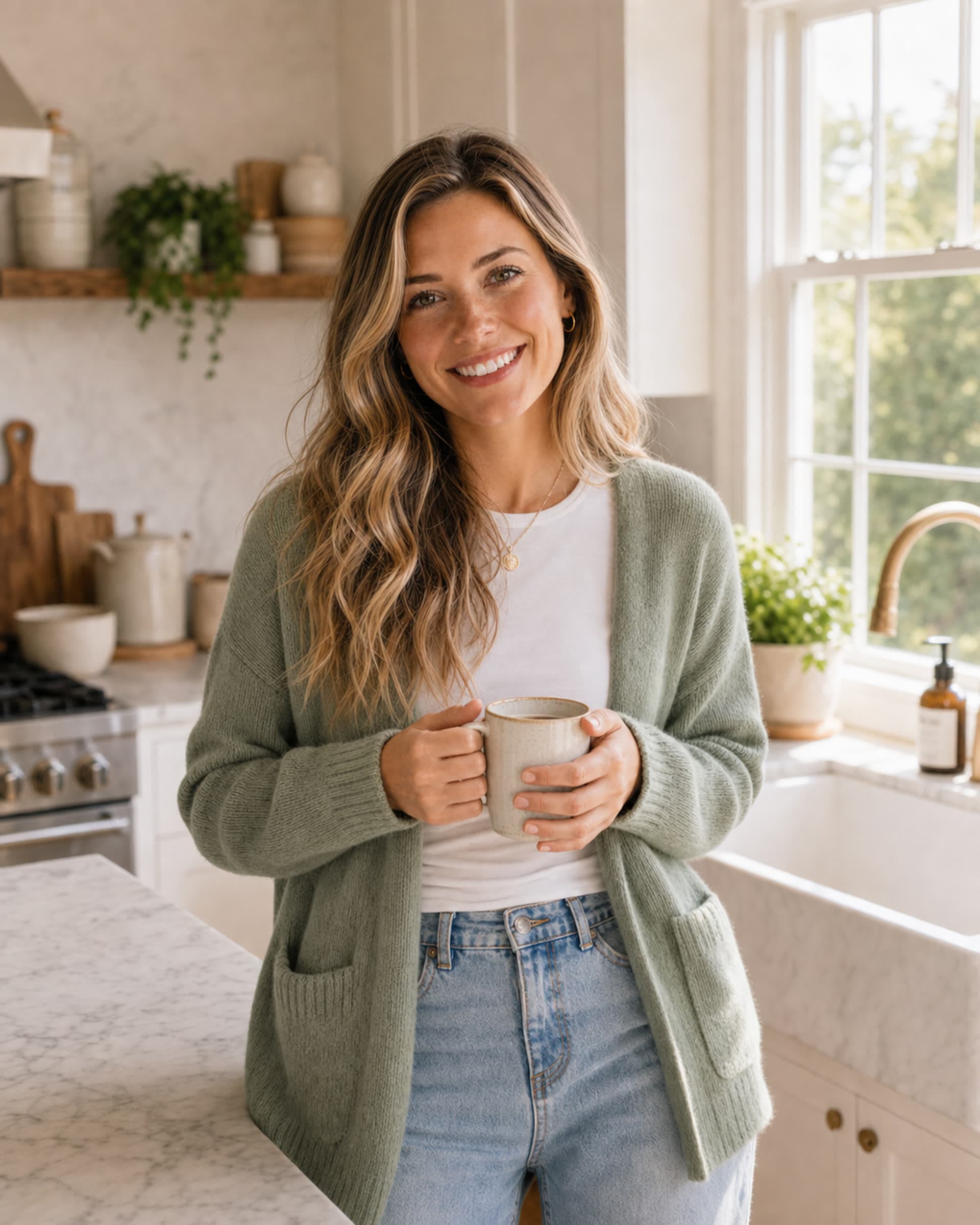Anna near her kitchen window, wearing a sage green cardigan over a white tee, holding a cream ceramic coffee mug. Soft morning light streams through the multi-pane window onto the marble counter and farmhouse sink behind her.