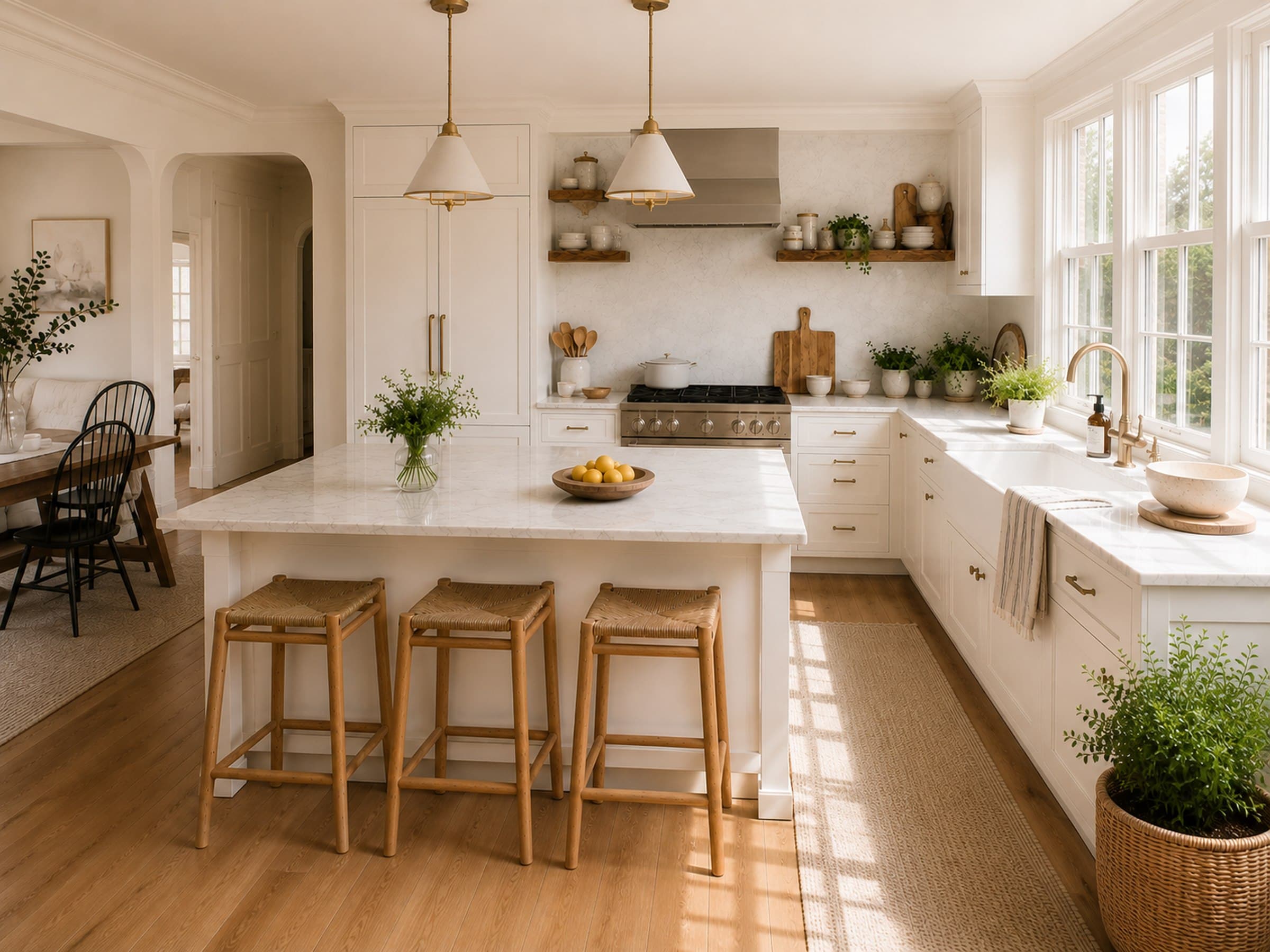 Anna's kitchen seen wide. A large white marble island with three woven counter stools, brass faucet over a farmhouse sink under multi-pane windows, open wood shelves stacked with cream ceramics, a stainless gas range with simple metal hood, warm oak floors, and morning light coming in from the right.