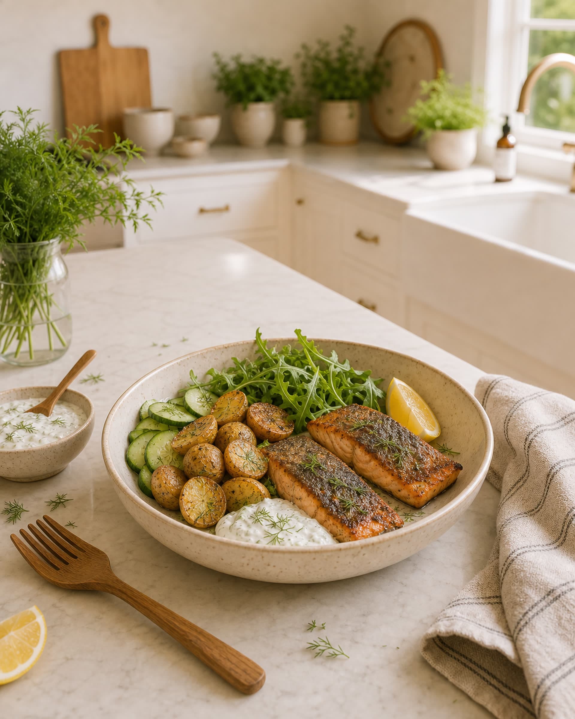 Crispy salmon bowl plated in a cream speckled ceramic bowl: two herbed salmon fillets with golden crisp skin, halved crispy roasted potatoes, sliced cucumber, arugula, a generous dollop of dill yogurt, a lemon wedge, and fresh dill scattered. On a white marble counter with a striped linen towel, a glass jar of fresh dill, and a wooden fork. Soft morning light from the kitchen window.