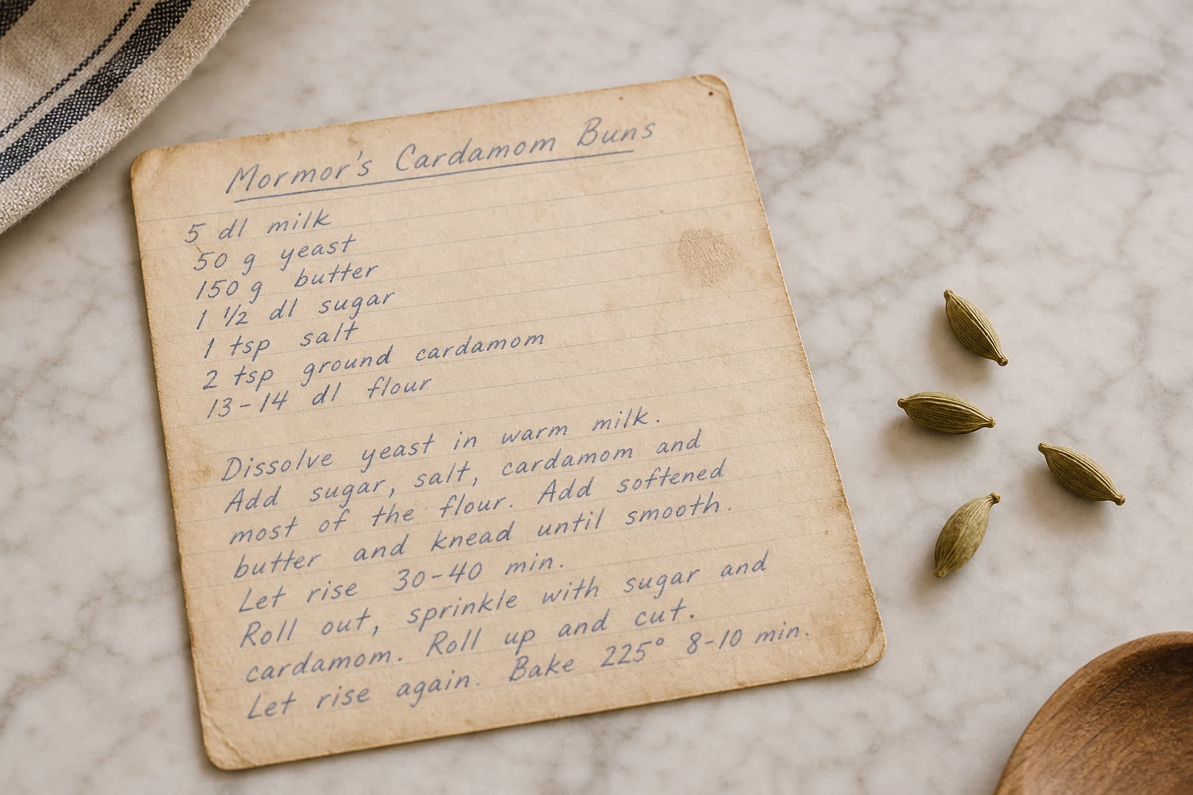 A handwritten recipe card with cardamom written in faded blue ink, resting on a marble counter with a small scatter of green cardamom pods.
