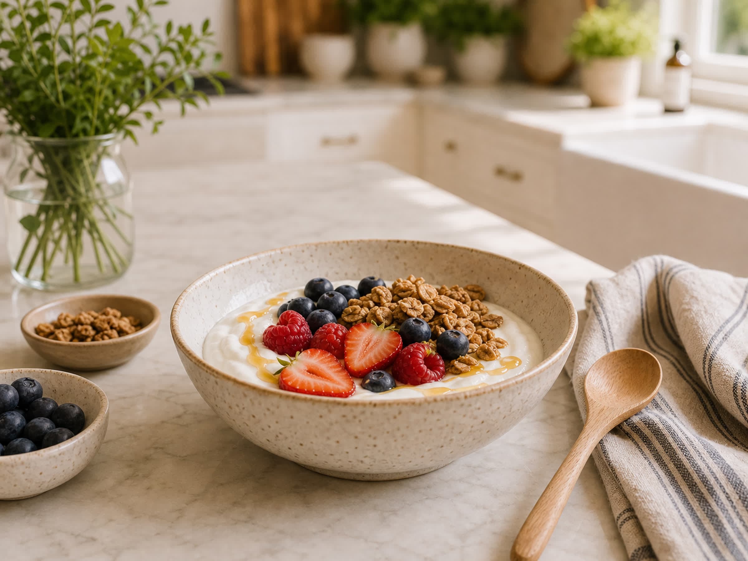 A yogurt bowl with berries, granola, and honey on a speckled stoneware bowl, on a marble counter with a striped linen.