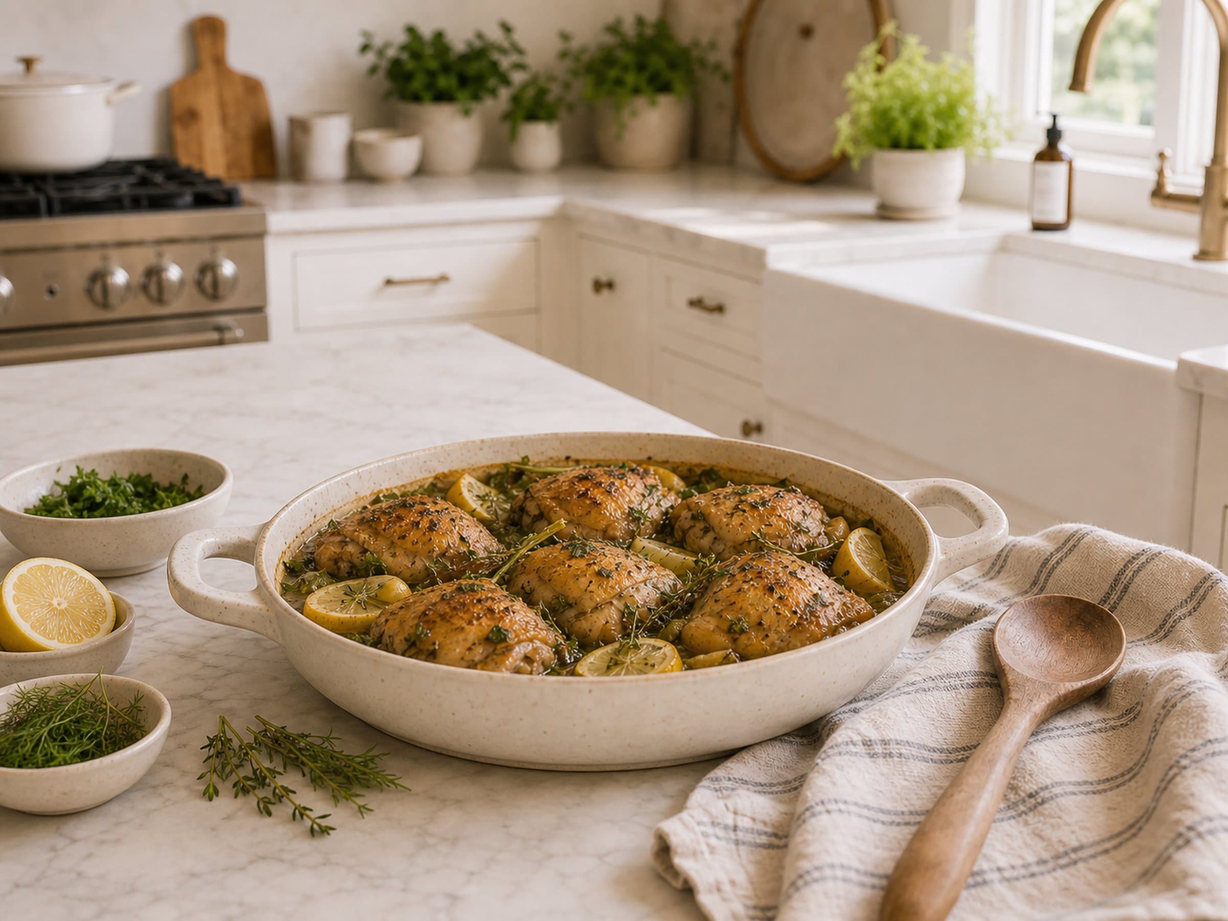 Braised chicken thighs with herbs and lemon in a cream stoneware skillet on a marble counter.