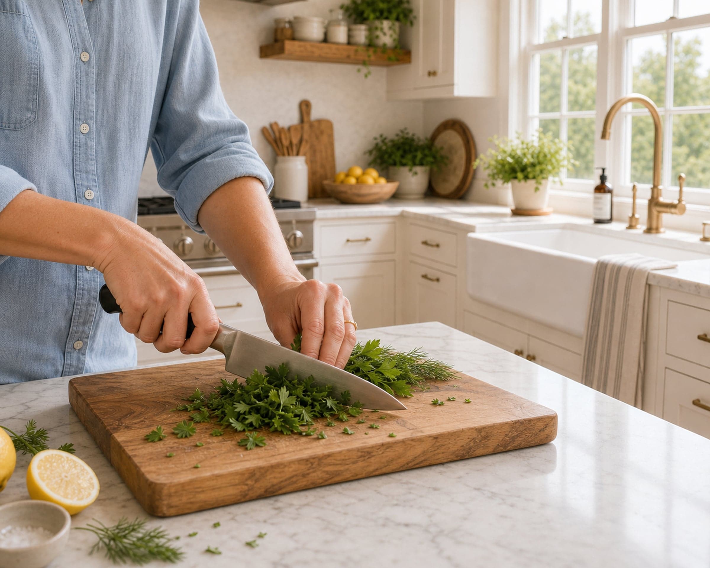A chef's knife mid-chop through fresh herbs on a wooden board, one hand curled in a safe guiding grip, in a bright kitchen.