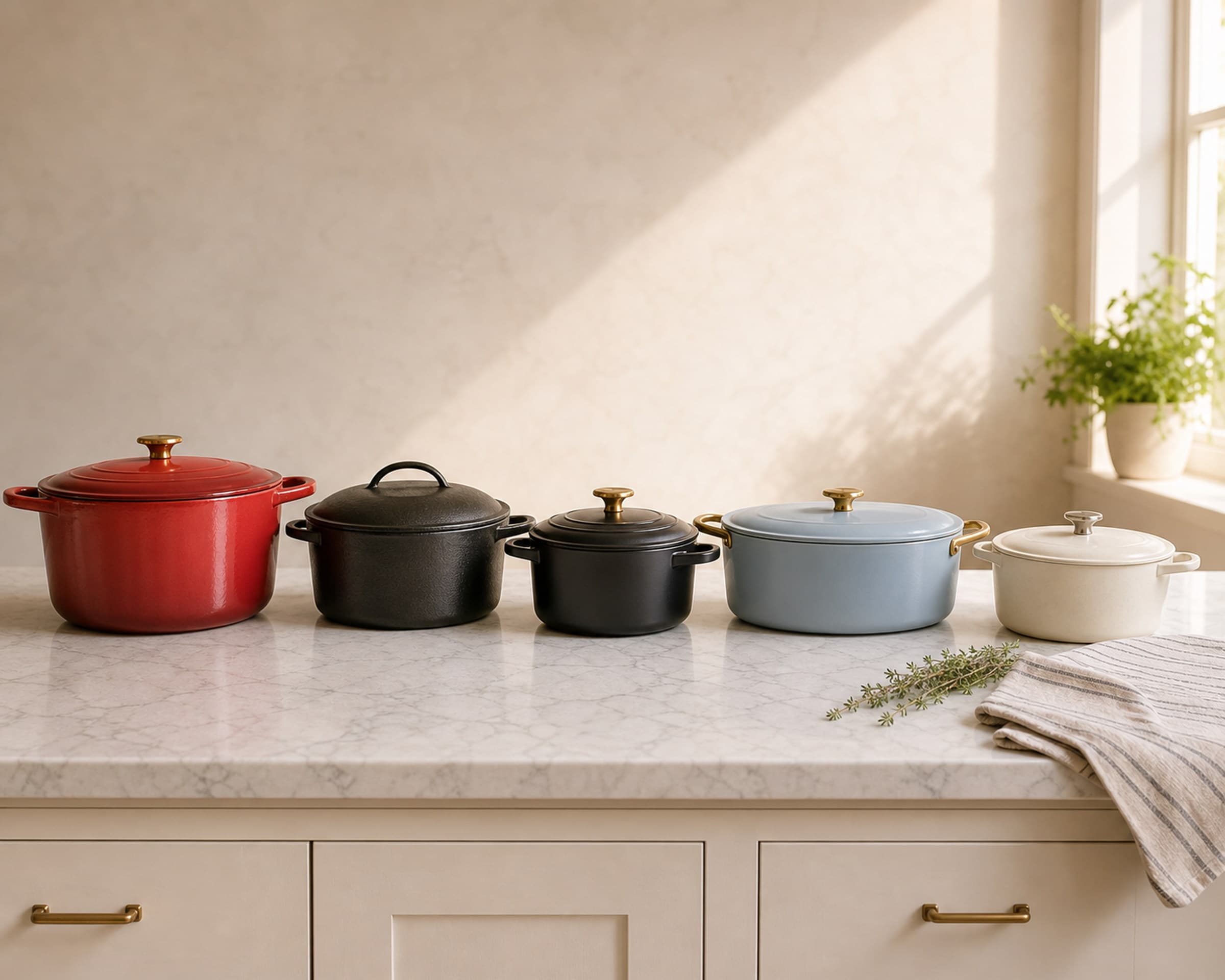 Five Dutch ovens lined up on a marble counter under soft morning window light: a red Le Creuset, a black Lodge cast iron, a matte black Staub, a pale blue Great Jones, and a cream-colored small Lodge.