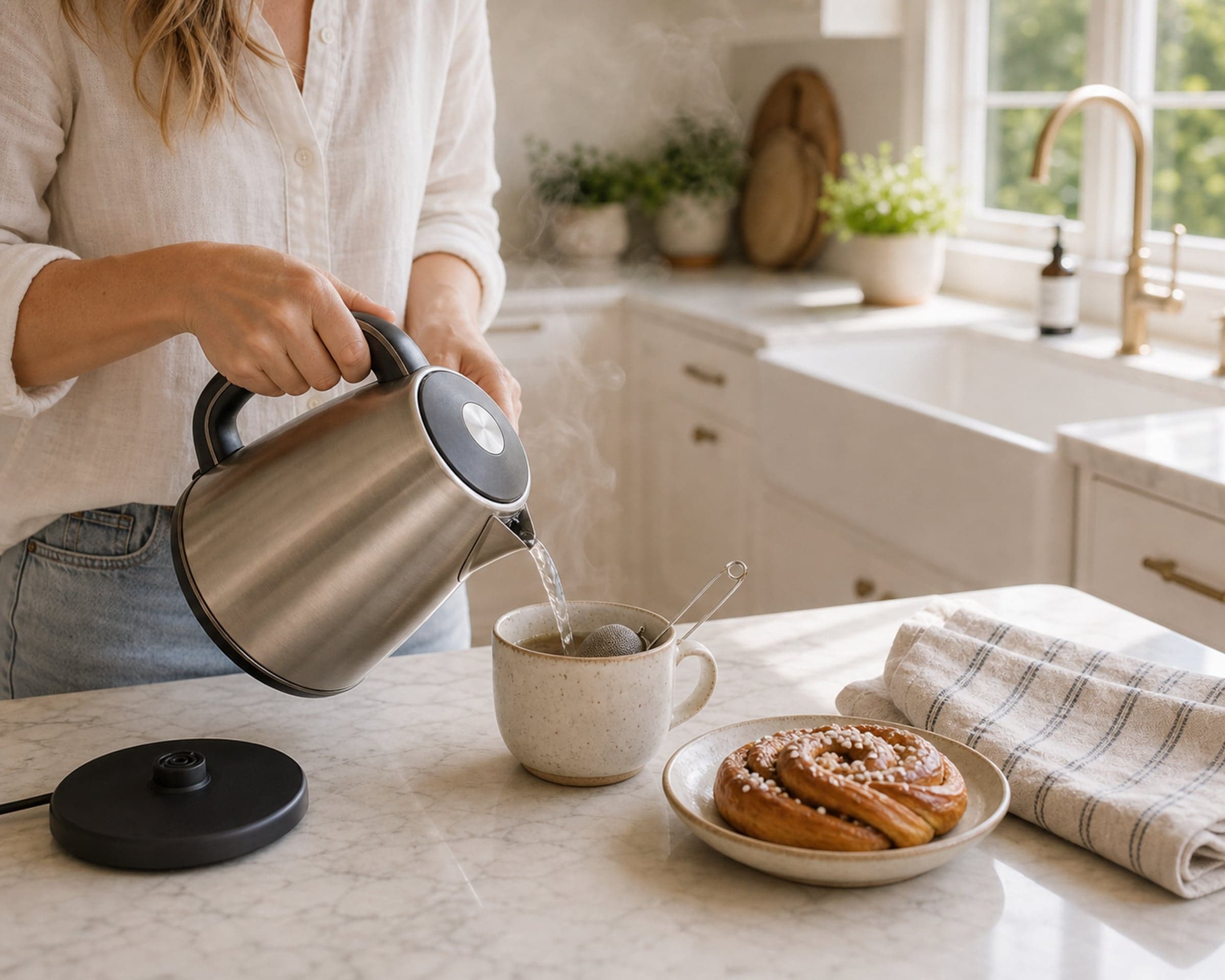 A stainless electric kettle pouring hot water into a cream stoneware mug on a marble counter in soft morning light, faint steam rising, with a cinnamon bun on a small plate beside it.
