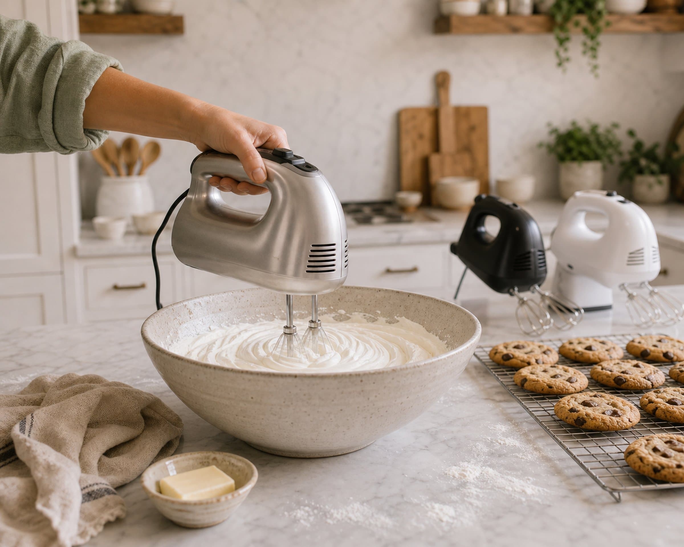 A hand mixer whipping cream to soft peaks in a ceramic bowl on a marble counter, with cookies cooling on a rack and two more hand mixers waiting in the background.