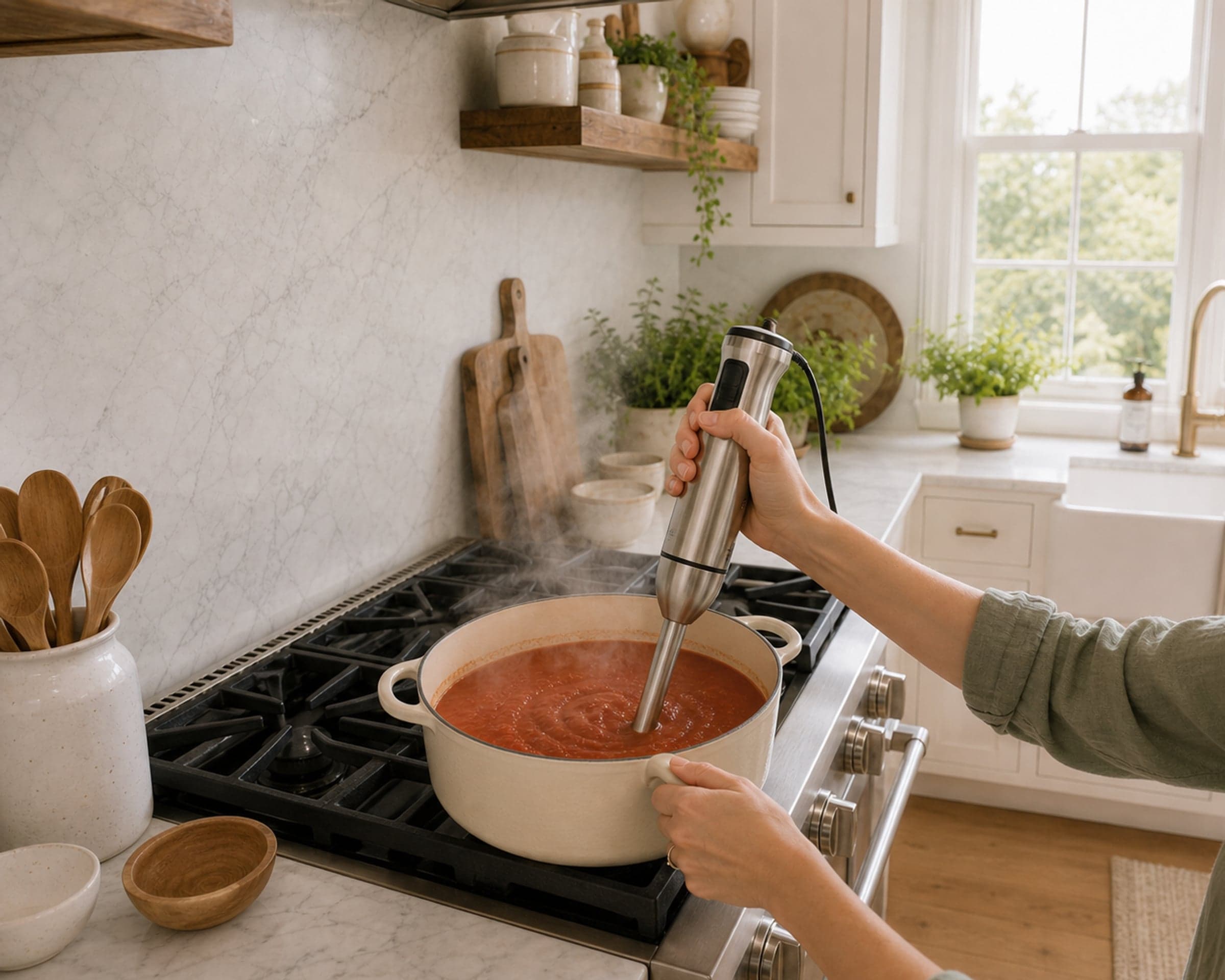 An immersion blender pureeing a pot of tomato soup on a stovetop in soft daylight, one hand steadying the pot.