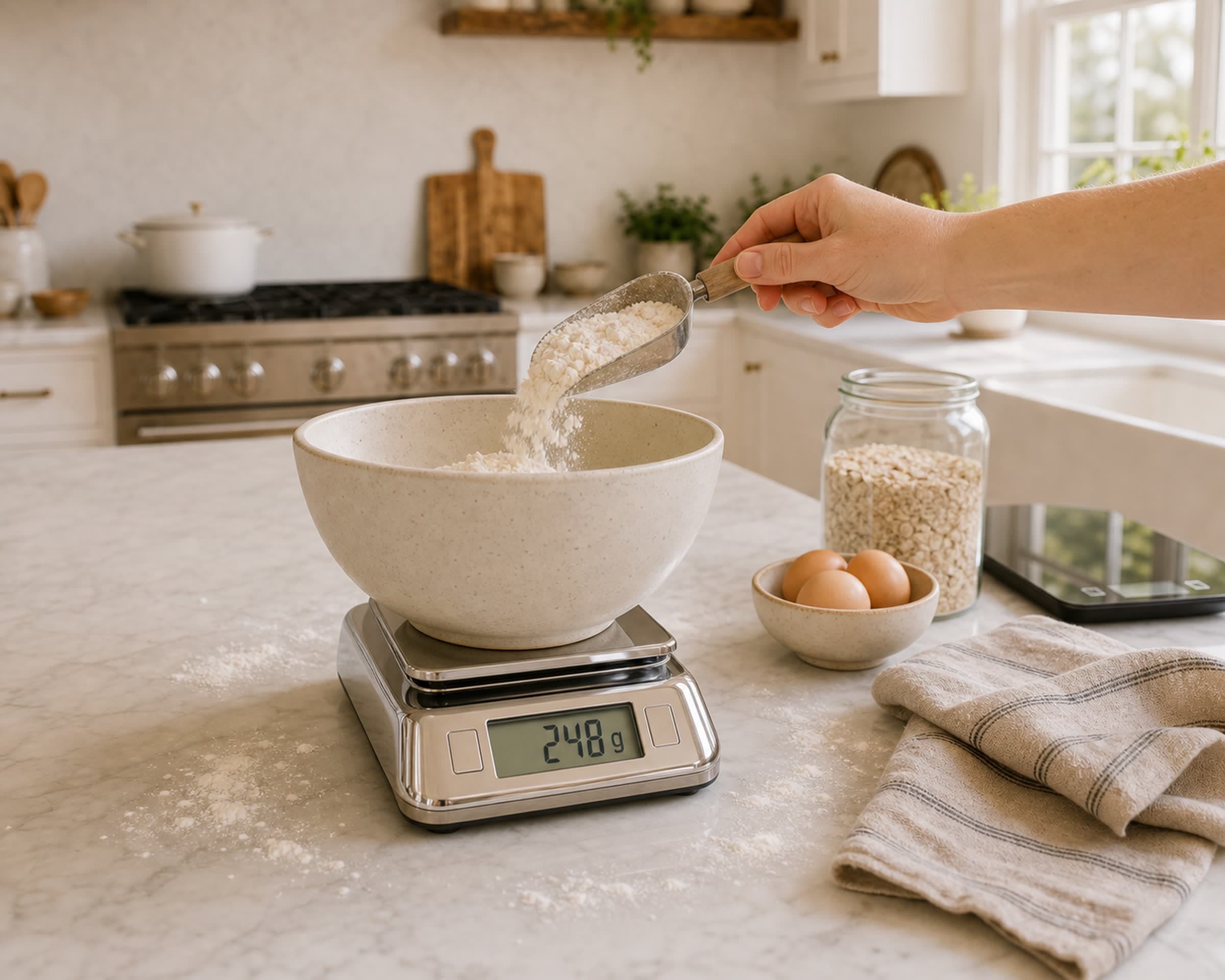 A digital kitchen scale on a marble counter weighing flour into a ceramic bowl mid-recipe, with a second scale and a jar of oats softly out of focus behind it.