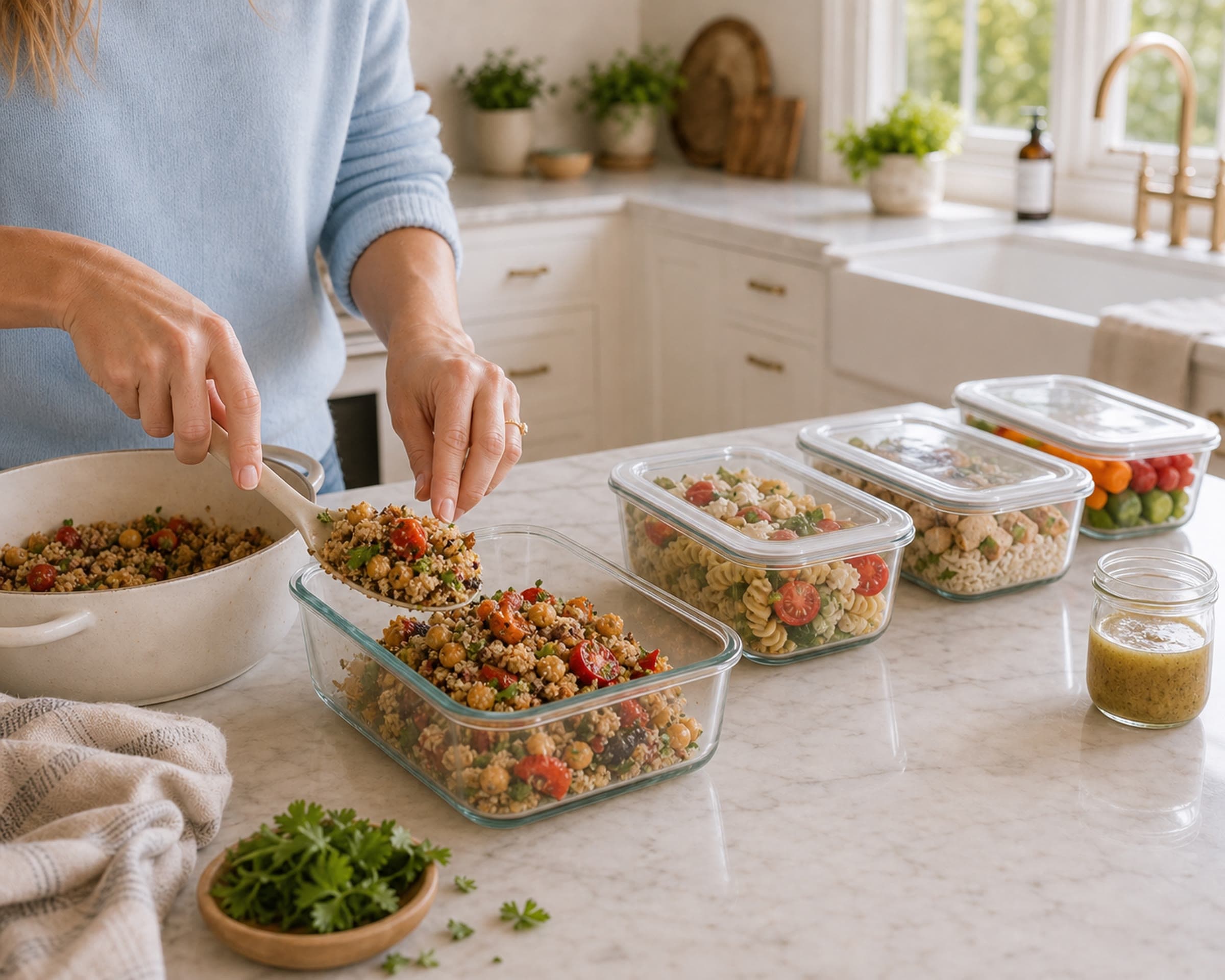 Glass meal prep containers being filled with a colorful grain bowl lunch on a marble counter, a row of filled containers with lids waiting beside the board.