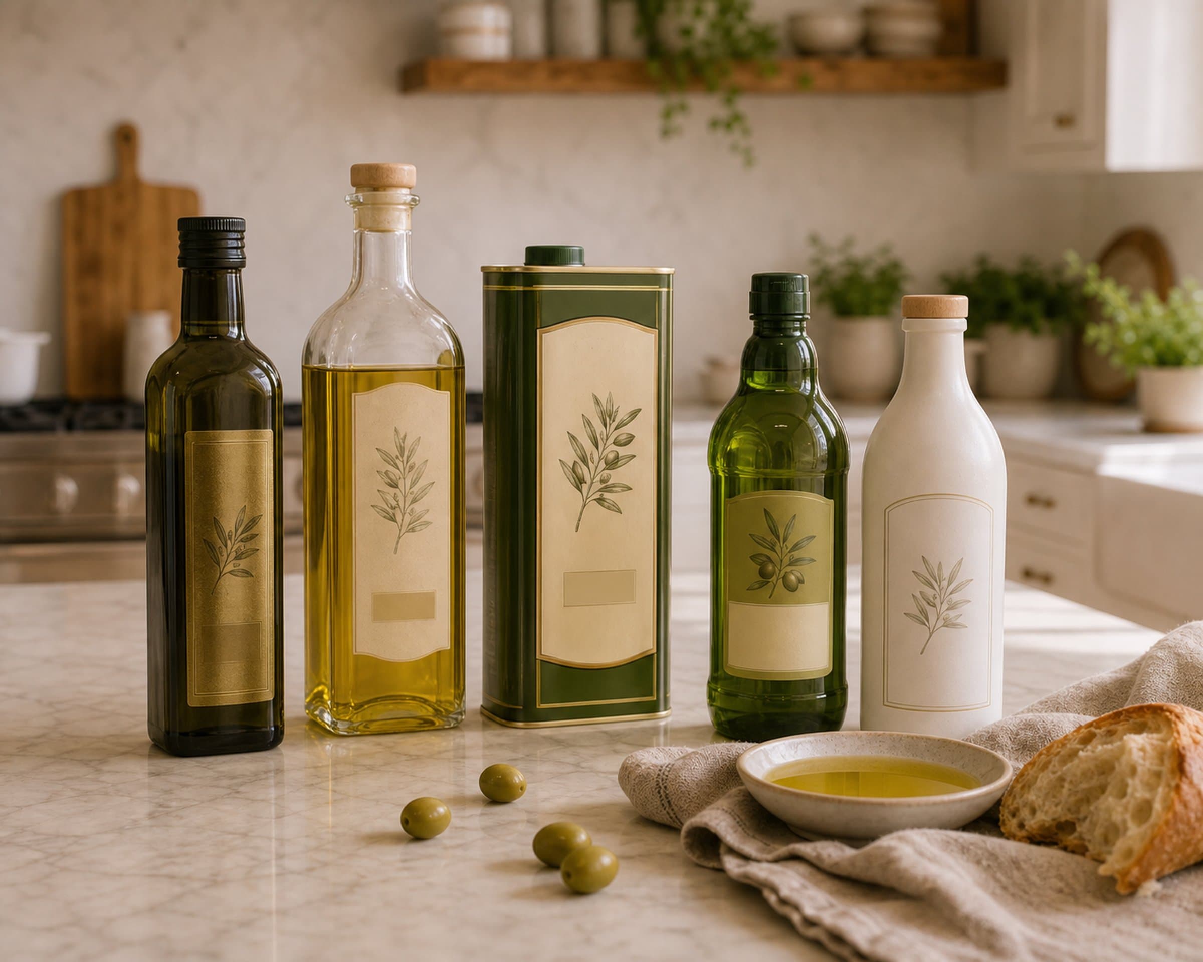 Five bottles and tins of extra virgin olive oil lined up on a marble counter in soft window light, with a small dish of oil and torn bread beside them.