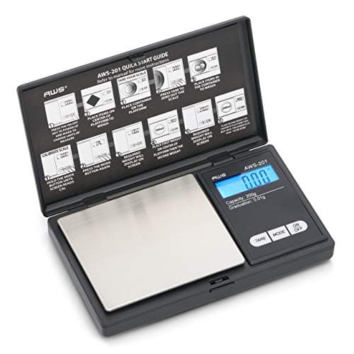 A small black American Weigh Scales pocket scale with a flip-open cover and a precision digital display.