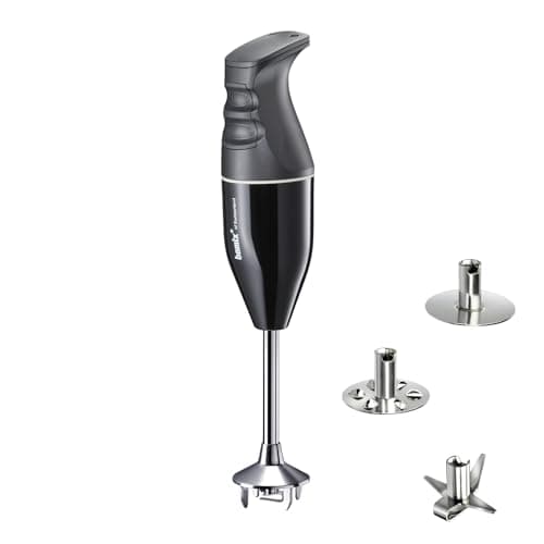 Bamix Classic 150W immersion blender in black, Swiss made, with stainless steel attachments.