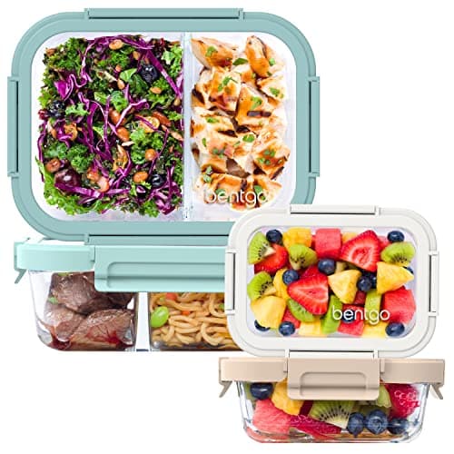 Bentgo glass meal prep containers with divided compartments and locking lids.