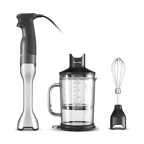 Breville Control Grip immersion blender in brushed stainless steel with a trigger handle and bell-shaped blade guard.