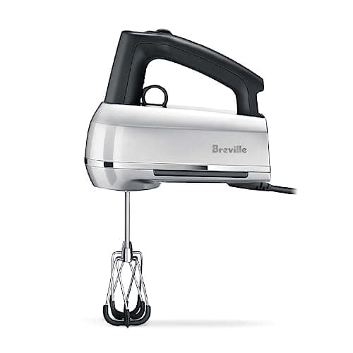 A silver Breville Handy Mix Scraper hand mixer with a digital display and light.