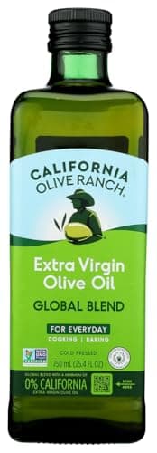 A bottle of California Olive Ranch Everyday extra virgin olive oil with a gold label.