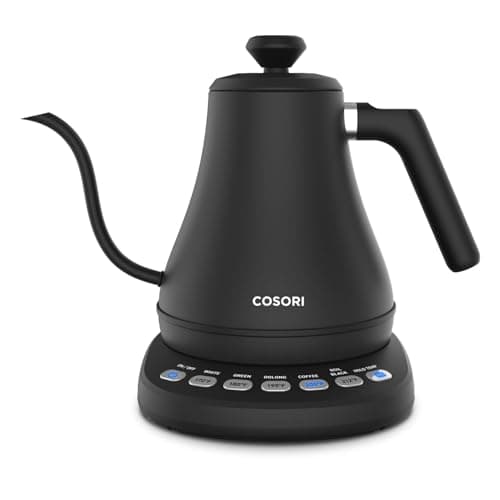 A black Cosori electric gooseneck kettle with temperature preset buttons on its base.