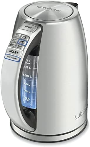 A stainless steel Cuisinart PerfecTemp electric kettle with preset temperature buttons along the handle.