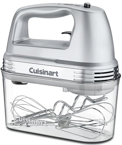 A brushed chrome Cuisinart Power Advantage Plus 9-speed hand mixer with storage case.
