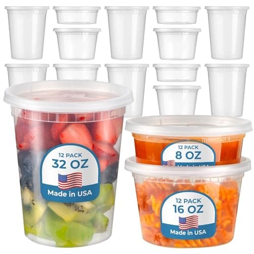 A stack of clear plastic deli containers with lids in three sizes.