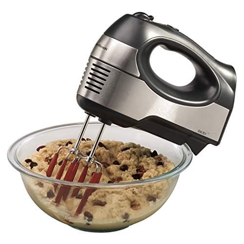 A stainless Hamilton Beach 6-speed hand mixer with a snap-on storage case.