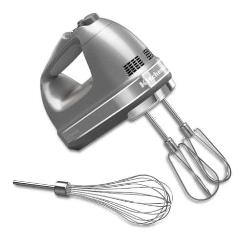 A contour silver KitchenAid 7-speed hand mixer with stainless turbo beaters.
