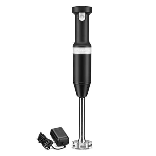 KitchenAid cordless variable speed hand blender in black with a removable blending arm and pan guard.