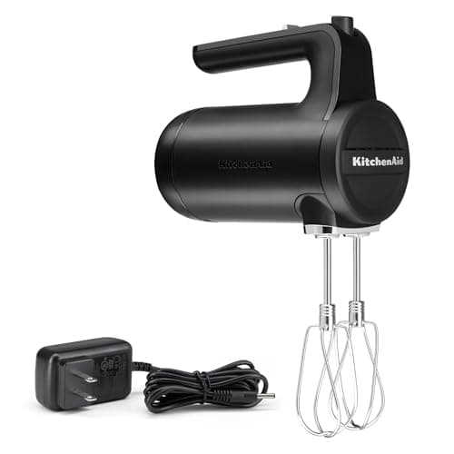 A matte black KitchenAid cordless 7-speed hand mixer with no cord attached.