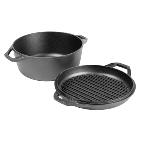 Lodge 6-quart bare cast iron double Dutch oven, matte black with a skillet-style lid.