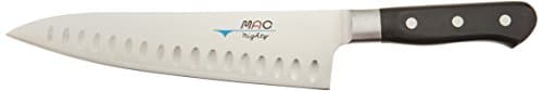 Mac MTH-80 Pro chef's knife with a dimpled 8-inch blade and dark Pakkawood handle.