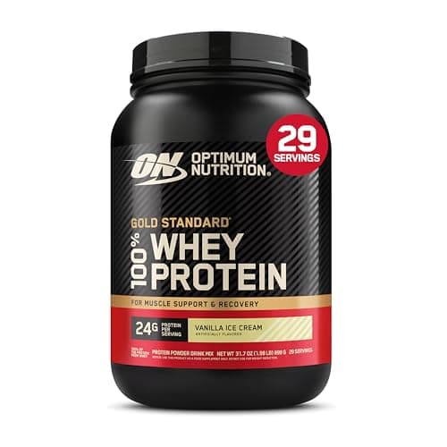 A tub of Optimum Nutrition Gold Standard vanilla whey protein powder.