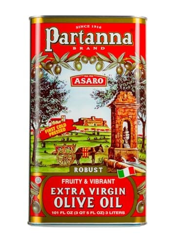 A green and gold three-liter tin of Partanna robust Sicilian extra virgin olive oil.