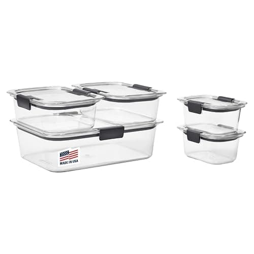 Five clear Rubbermaid Brilliance containers with latching leak-proof lids.