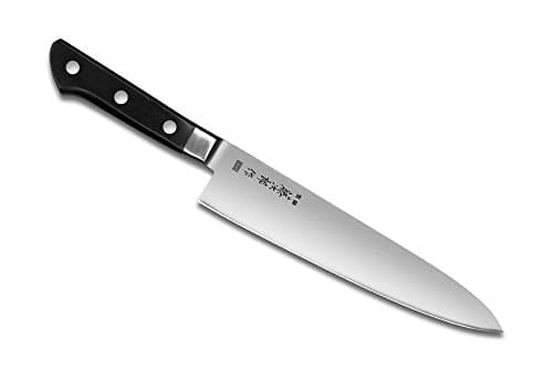 Tojiro DP 8.2-inch gyuto chef's knife with a black handle and a VG10 stainless steel blade.