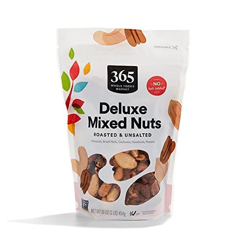 A container of 365 by Whole Foods Market unsalted deluxe mixed nuts.