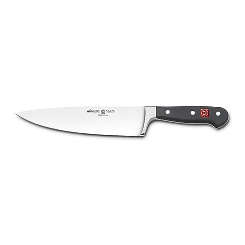 Wusthof Classic 8-inch chef's knife with a riveted black handle and a forged stainless steel blade.