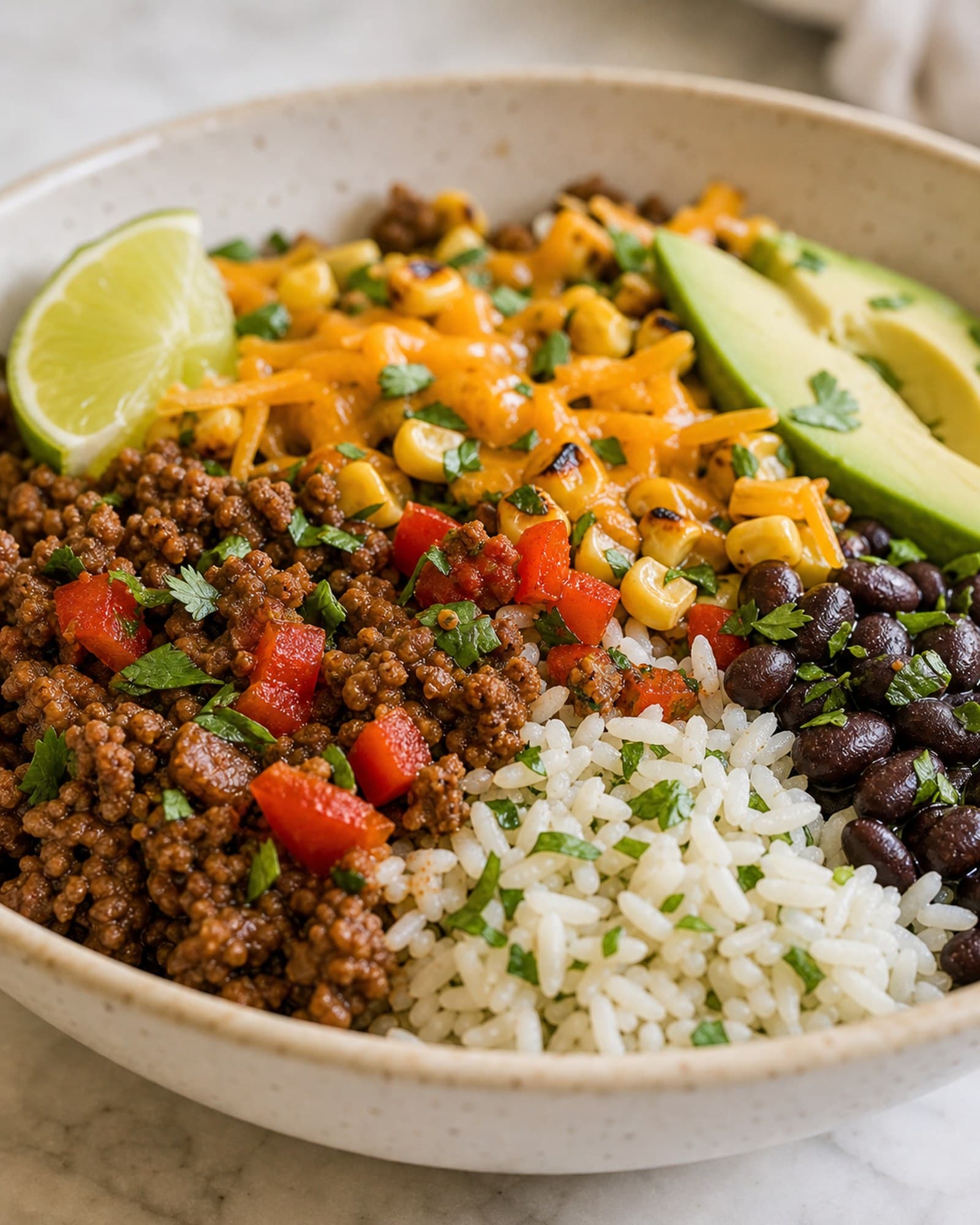 A close macro of the beef burrito bowl: savory seasoned ground beef, cilantro-lime rice, glossy black beans, charred corn, diced red pepper, melty cheddar, and a slice of avocado with flecks of cilantro.