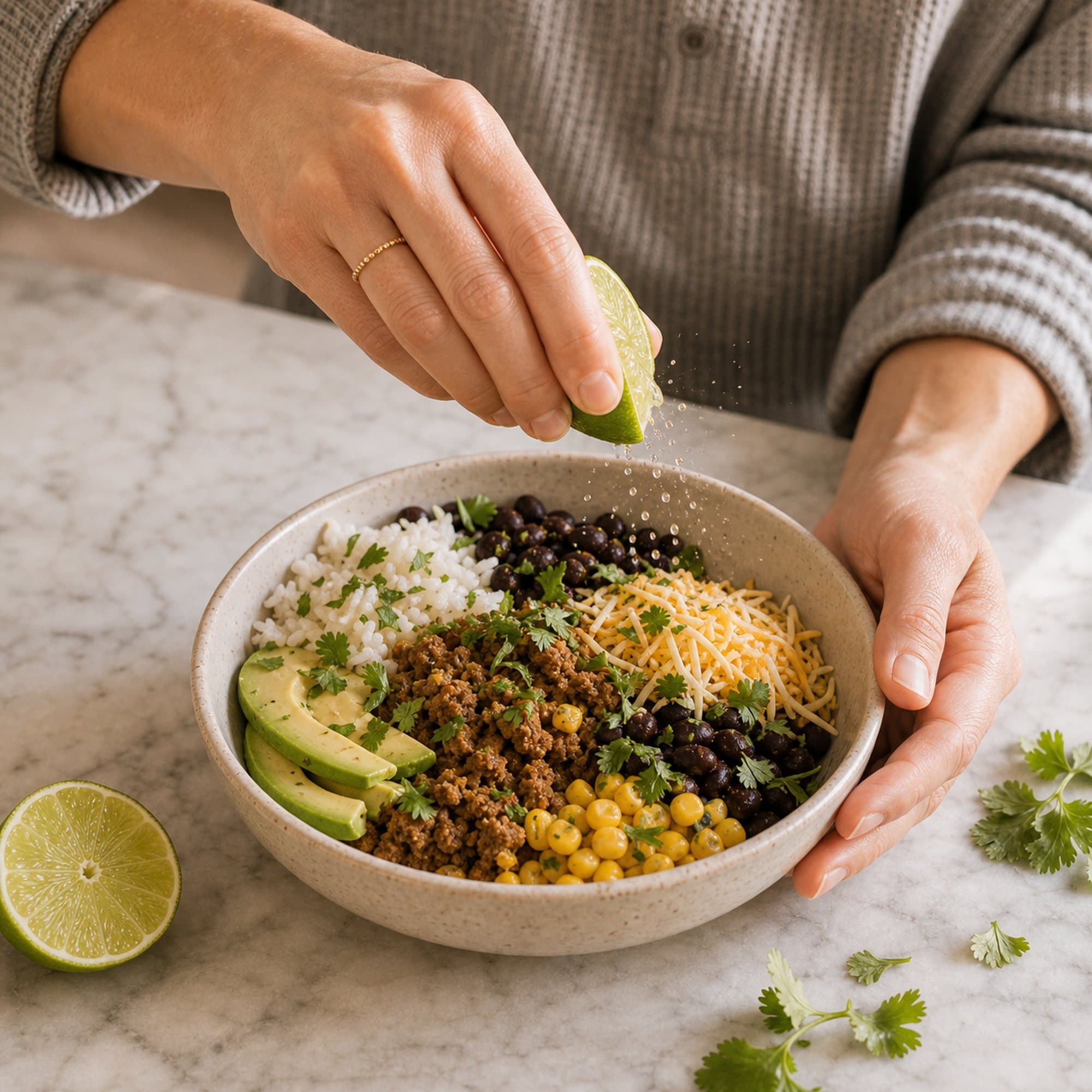 A pair of hands in a heather-grey henley squeezing a lime wedge over an assembled beef burrito bowl, a fine spray of juice catching the light.