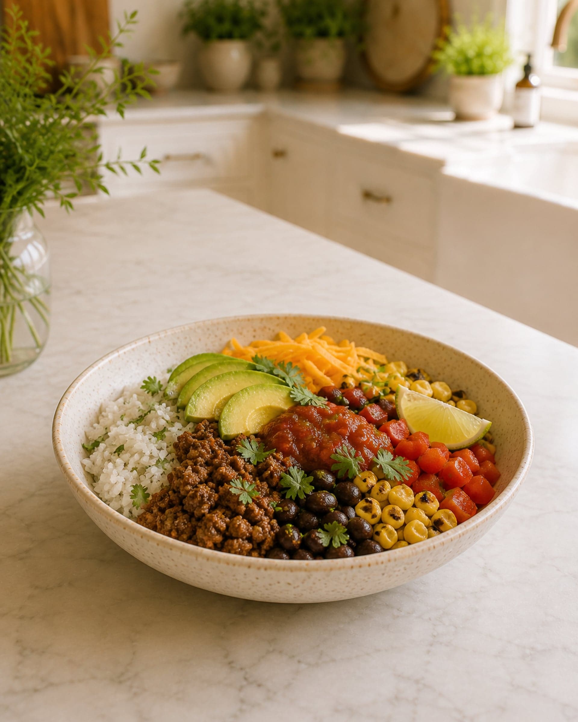 A single assembled beef burrito meal-prep bowl in a wide cream-speckled stoneware bowl on a white marble counter: a scoop of cilantro-lime rice, savory seasoned ground beef, black beans, charred corn, diced red pepper, shredded cheddar, slices of avocado, a spoon of salsa, a lime wedge, and a scatter of fresh cilantro. Soft natural light from the kitchen window.