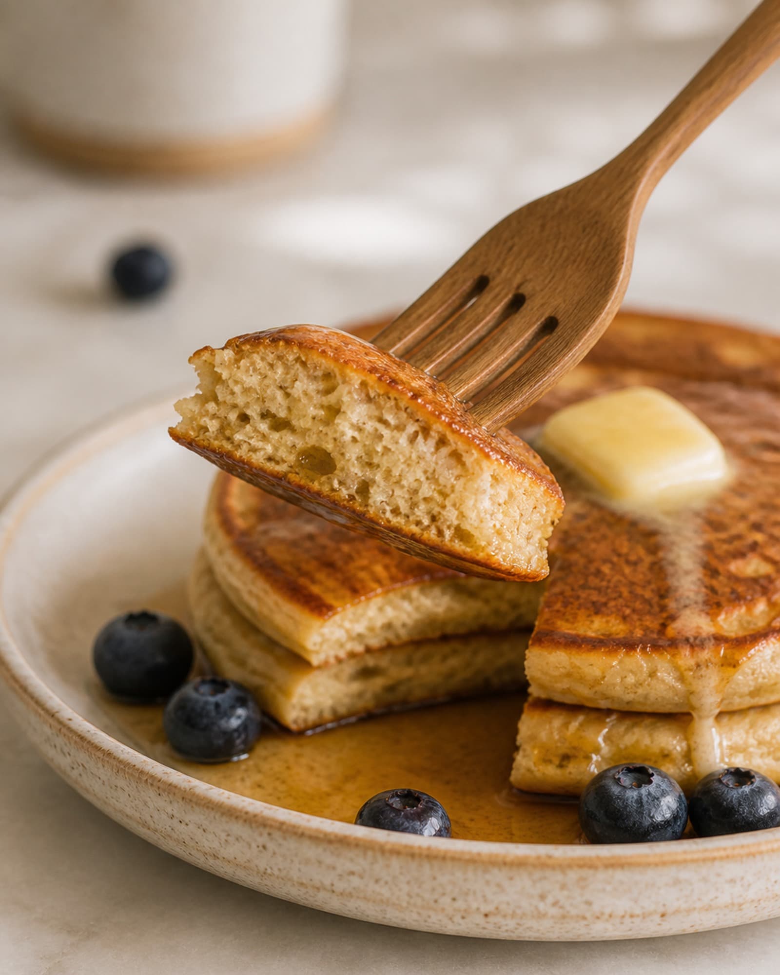 Macro close-up of a light oak wooden fork lifting a bite of golden pancake from a cream-speckled stoneware plate, showing the tender airy crumb in cross-section, with a small pat of butter melting on the stack behind, fresh blueberries scattered on the plate, and maple syrup pooled at the base.