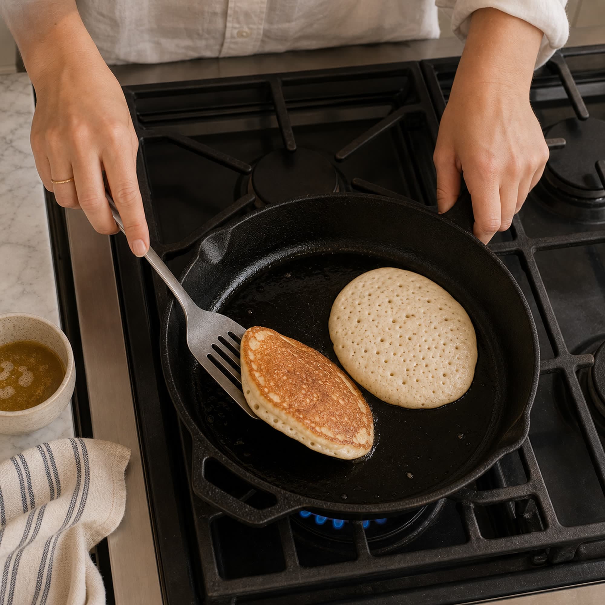 Near-overhead view of a pair of hands in white linen button-down sleeves rolled to mid-forearm working at a cast iron skillet on a lit gas stovetop, one steadying the skillet handle with a folded cloth while the other slides a thin slotted spatula under a golden pancake to flip it. A second pancake cooks flat in the skillet beside it with the first bubbles forming on top. The cast iron grates of the gas burner are visible around the skillet, a small ceramic ramekin of melted brown butter sits on the marble counter at the upper-left edge, and a striped cream-and-blue linen tea towel is folded next to it.
