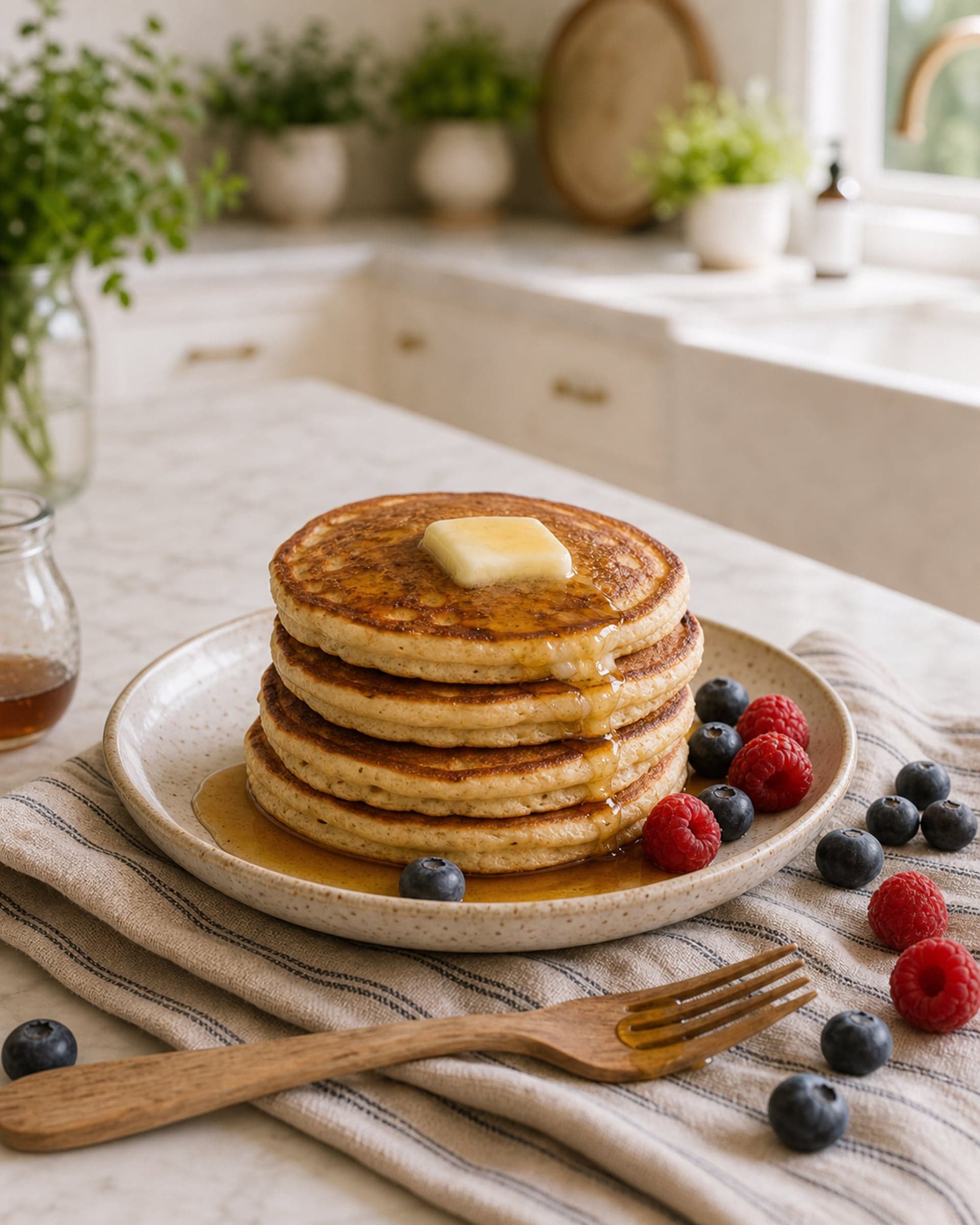A stack of four golden brown butter cardamom pancakes on a small cream-speckled stoneware plate with a pat of butter melting on top, a slow drizzle of maple syrup, a scatter of fresh blueberries and raspberries, a small pinch of flaky salt, and a folded striped cream-and-blue linen tea towel beside it on a white marble counter.
