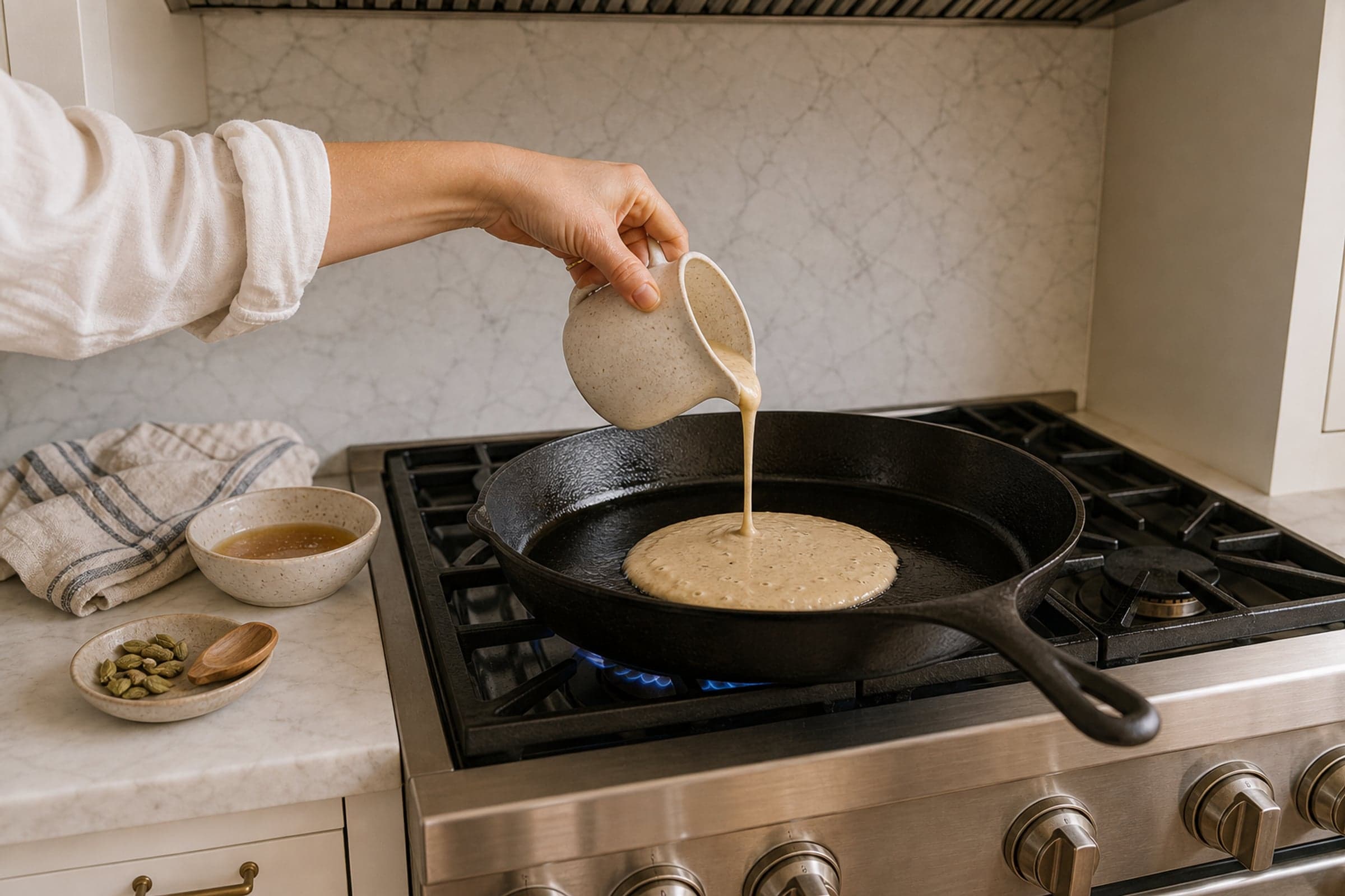 A hand in a white linen button-down with rolled sleeves pouring pale pancake batter from a small cream-speckled stoneware pitcher into a hot cast iron skillet on a lit gas stovetop, the blue flame visible under the cast iron grates, with a forming pancake spreading in the pan as the first bubbles begin to break the surface. A small cream-speckled stoneware bowl of melted brown butter and a smaller bowl of green cardamom pods with a wooden spoon sit on the marble counter in front, with a folded striped cream-and-blue linen tea towel to the right.