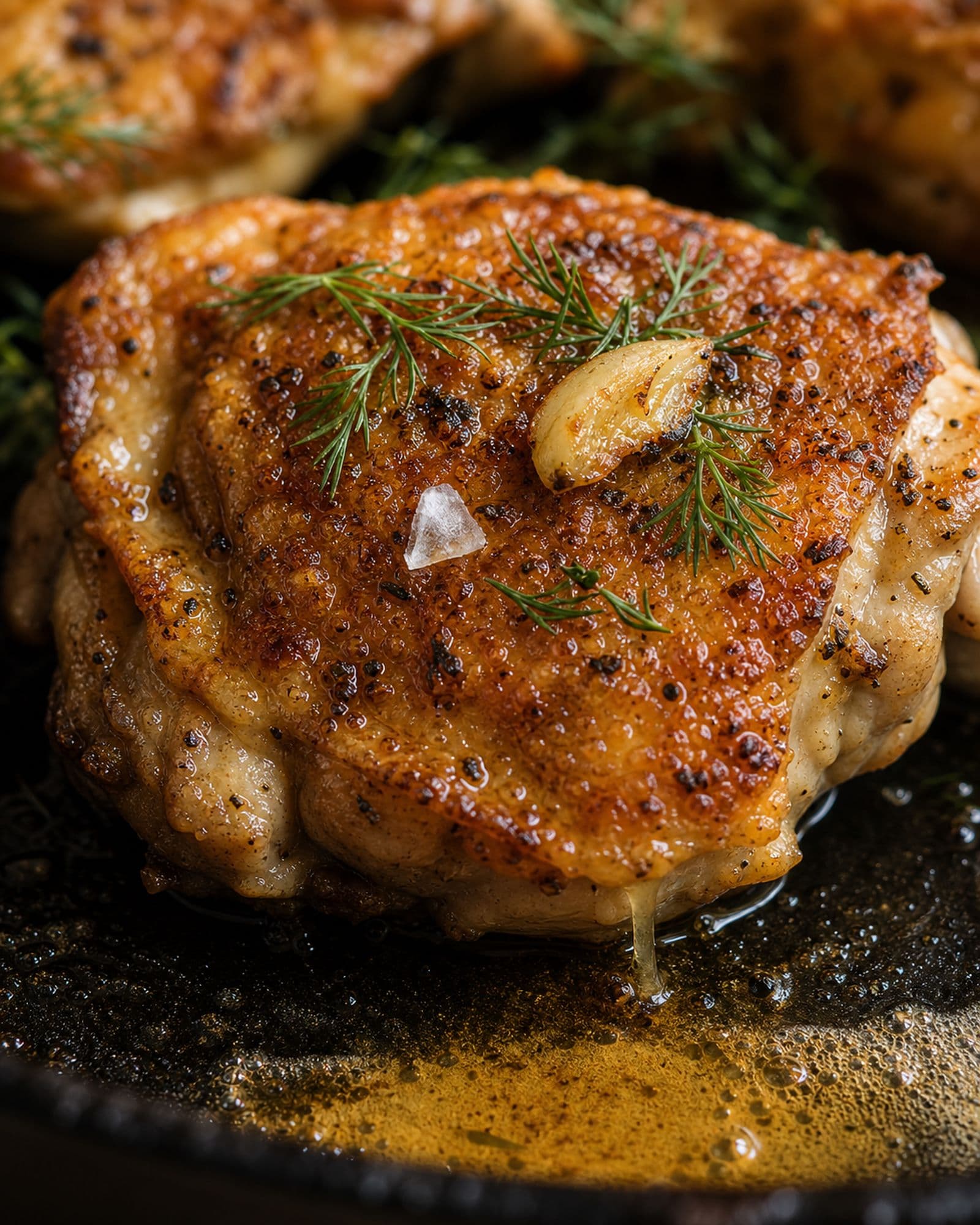 Macro close-up of a single chicken thigh's shatter-crispy golden brown skin glistening with brown butter, with a fresh dill sprig and a slightly caramelized smashed garlic clove resting on top, a flake of flaky salt on the surface, and a pool of golden amber brown butter visible at the bottom edge inside the black cast iron skillet.
