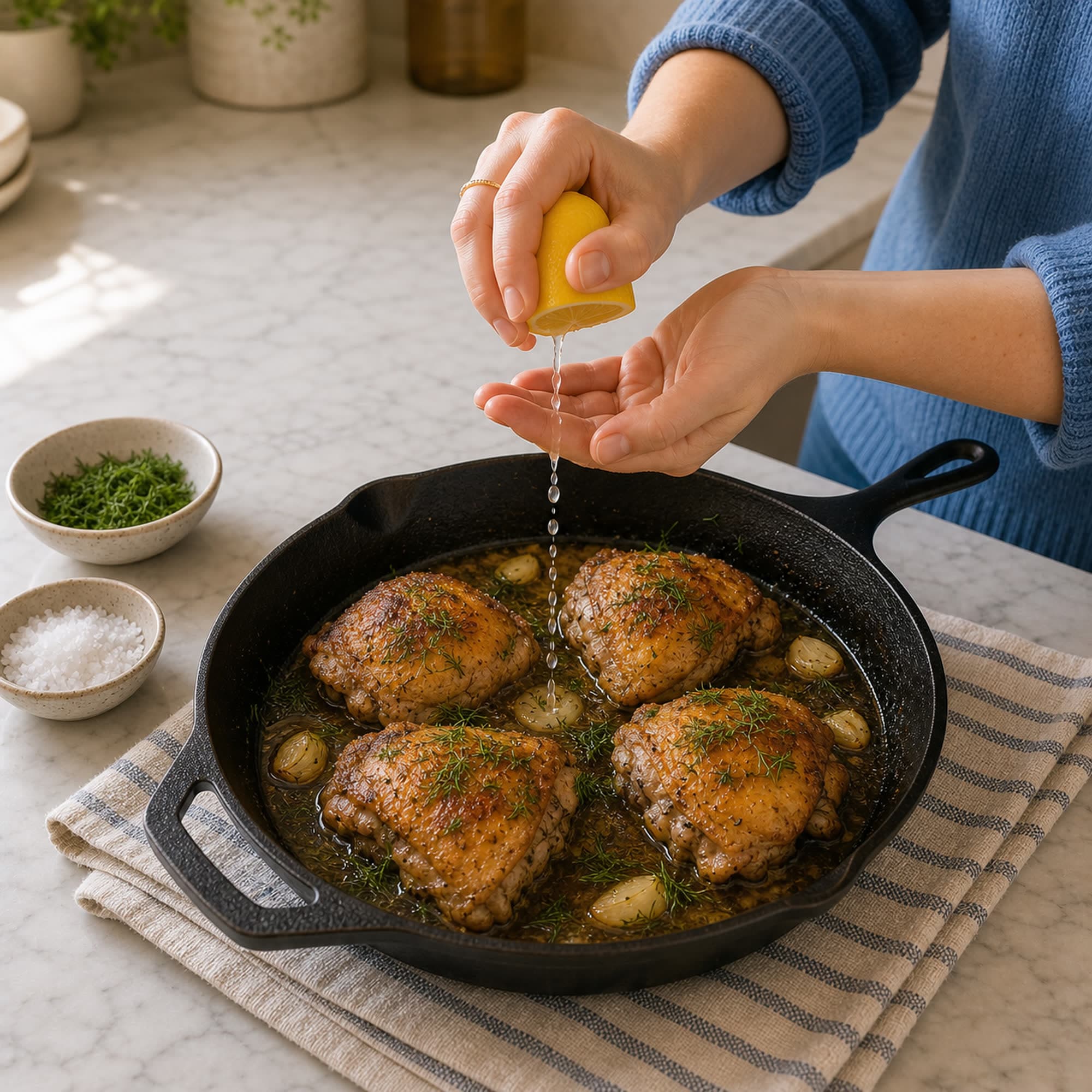 A pair of hands in a soft blue pullover squeezing a halved lemon over a finished cast iron skillet of brown butter dill chicken thighs, with the other hand cupped underneath to catch any seeds. A thin stream of lemon juice falls onto the chicken. The skillet sits on a folded striped cream-and-blue linen tea towel as a trivet on the white marble counter, with a small ceramic bowl of chopped dill and a small bowl of flaky salt to the side.