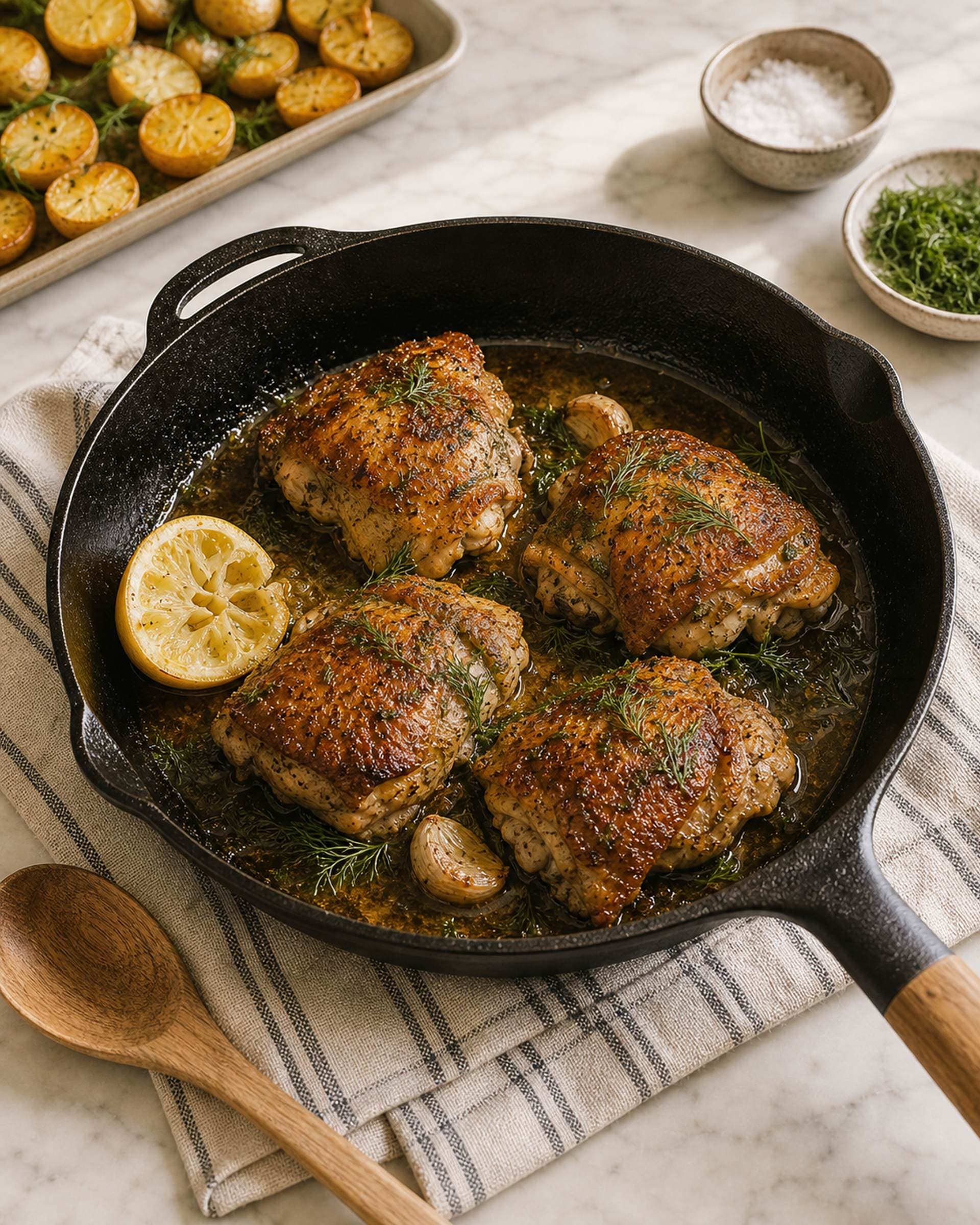 Four golden bone-in chicken thighs with shatter-crispy skin resting in a black cast iron skillet, basted in brown butter with fresh dill sprigs, smashed garlic cloves, and a halved lemon wedge. A side of crispy roasted baby potatoes on a small sheet pan, a folded striped cream-and-blue linen tea towel, and a small bowl of flaky salt on a white marble counter. Soft morning light from the kitchen window.