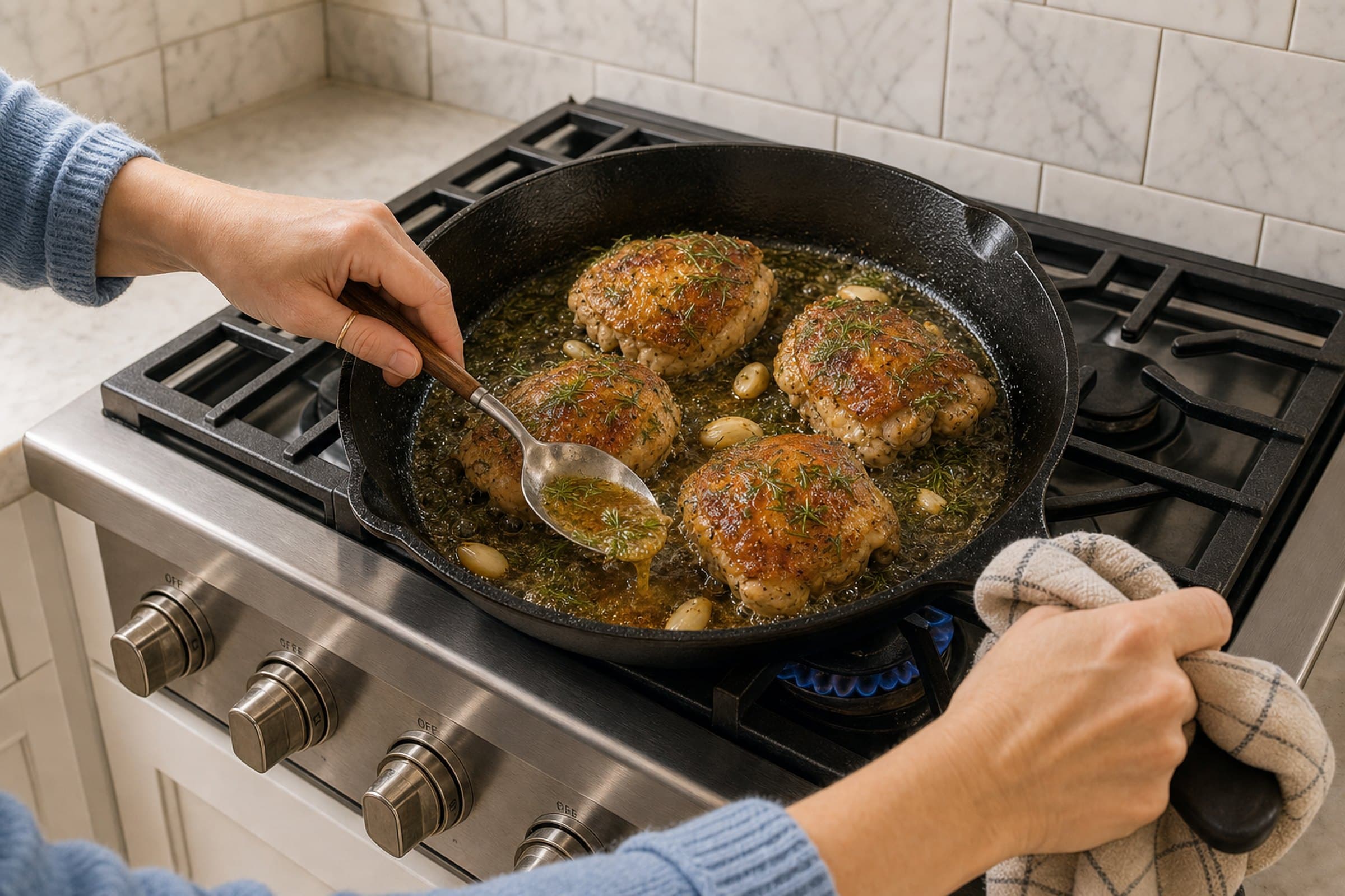 A pair of hands in a soft blue pullover with sleeves rolled to three-quarter length working at a cast iron skillet of crispy-skin chicken thighs on a lit gas stovetop, one tilting the skillet handle with a folded cloth while the other uses a metal spoon to baste the chicken with the deep amber brown butter pooled at the tilted edge of the pan. Dill sprigs and smashed garlic cloves float in the butter. A marble subway-tile backsplash sits directly behind the stove and a white shaker cabinet flanks it at the lower-left.