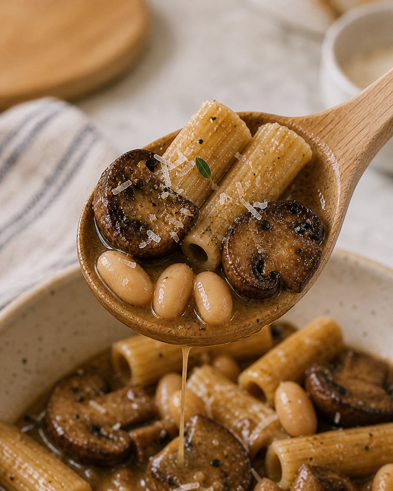 Macro close-up of a light oak wooden spoon lifted from a wide cream-speckled stoneware bowl of brown butter mushroom pasta. The spoon carries a generous bite: short rigatoni pasta in a glossy nutty brown sauce, two pieces of deeply browned cremini mushroom, three white cannellini beans, a single fresh thyme leaf, all coated in glossy brown-butter sauce. A small grating of parmesan visible on the spoon. A thin string of sauce drips from the underside of the spoon back toward the bowl.