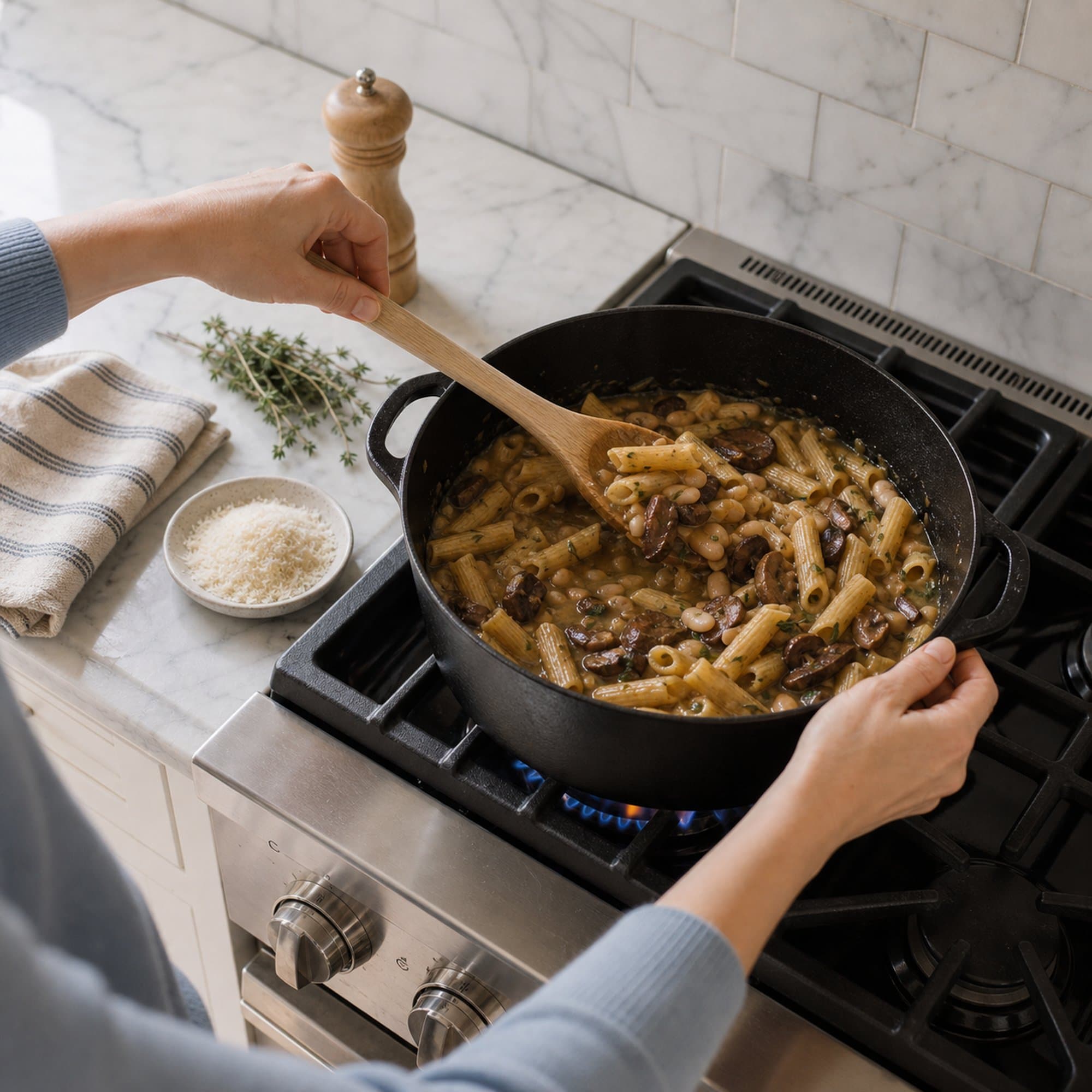 A pair of women's hands in a soft slate-blue pullover at three-quarter sleeve length using a light oak wooden spoon to stir a black cast iron Dutch oven on a lit gas stovetop. The Dutch oven holds short pasta and deeply browned mushrooms simmering in pale golden broth that is two-thirds reduced to a glossy sauce. The spoon is mid-stir, lifting some of the pasta to show the texture. A thin gold band visible on one finger.