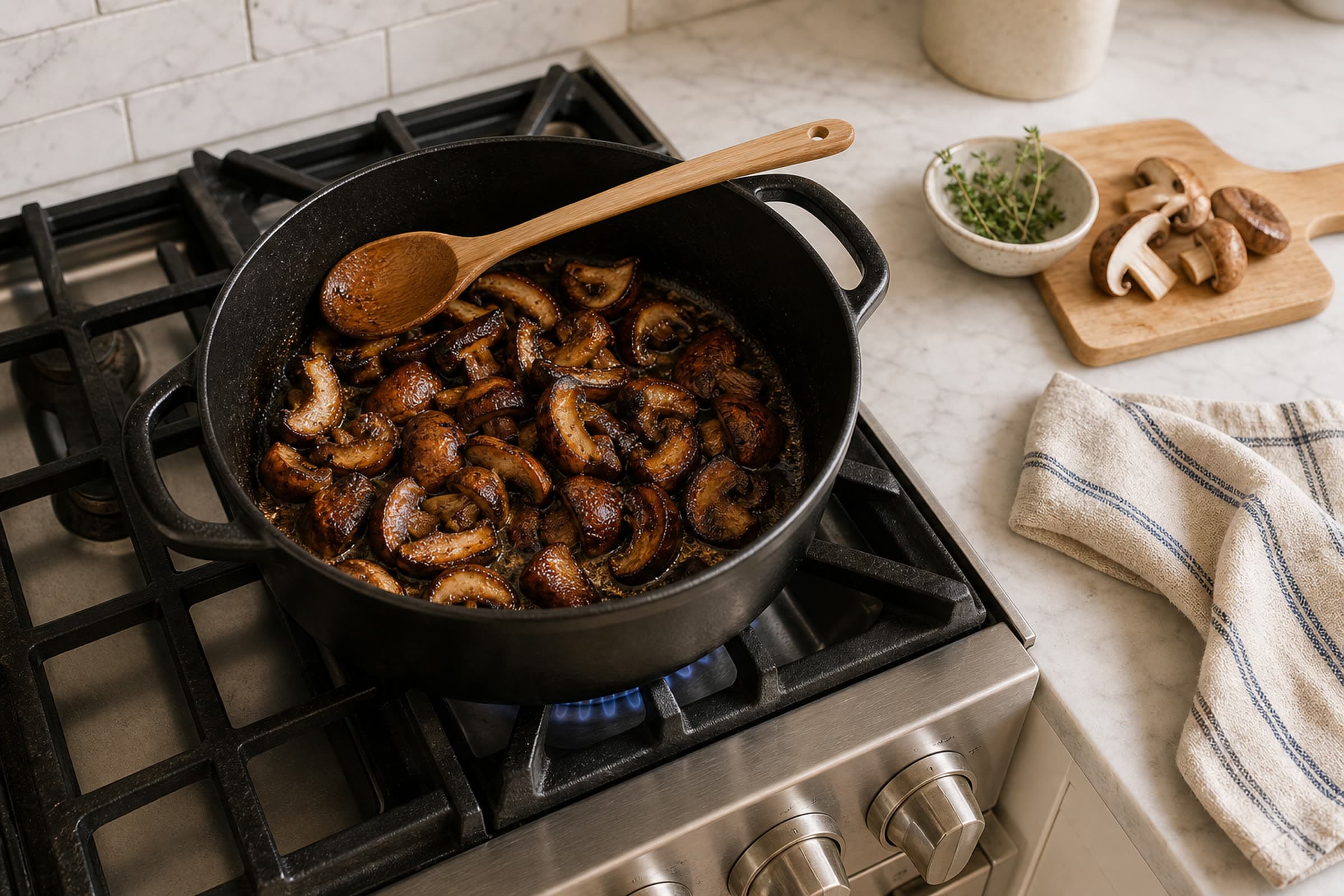 A black cast iron Dutch oven on a lit gas stovetop, holding mixed cremini and shiitake mushrooms (halved and quartered) at the deeply caramelized stage: each piece is deep golden-brown on the visible cut surfaces, shrunken to about half their original size, glossy in a small amount of amber brown butter at the base. A wooden spoon rests at the edge. A small ramekin of fresh thyme sprigs sits beside the pot.